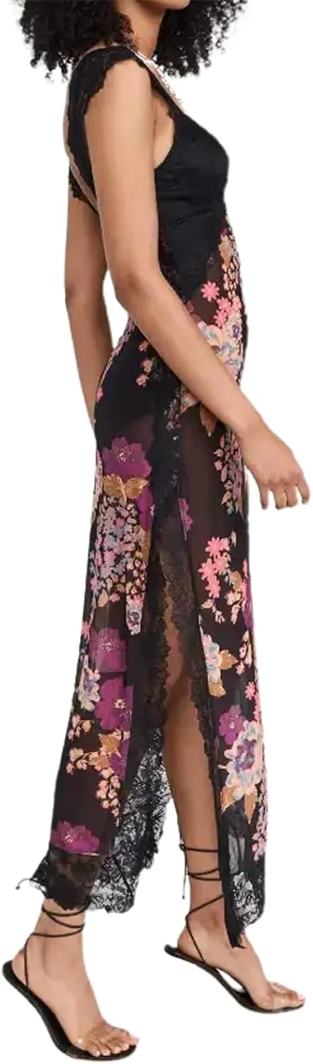 Women Sleeveless Maxi Dress Backless Bodycon Floral Printed Spaghetti Strap Long Dress Summer Lace Cutout Dress