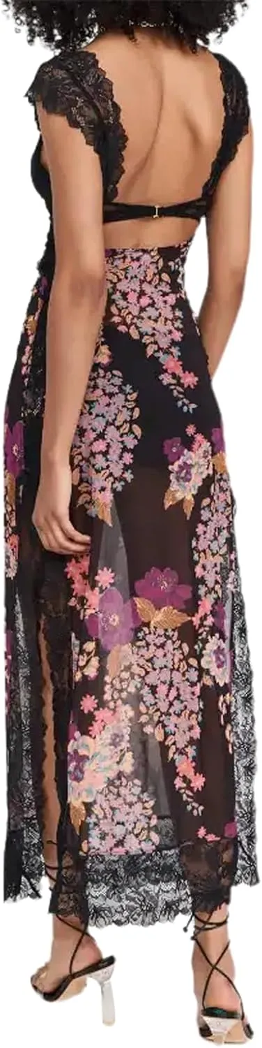Women Sleeveless Maxi Dress Backless Bodycon Floral Printed Spaghetti Strap Long Dress Summer Lace Cutout Dress