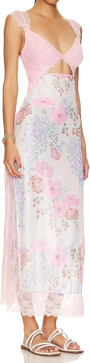 Women Sleeveless Maxi Dress Backless Bodycon Floral Printed Spaghetti Strap Long Dress Summer Lace Cutout Dress