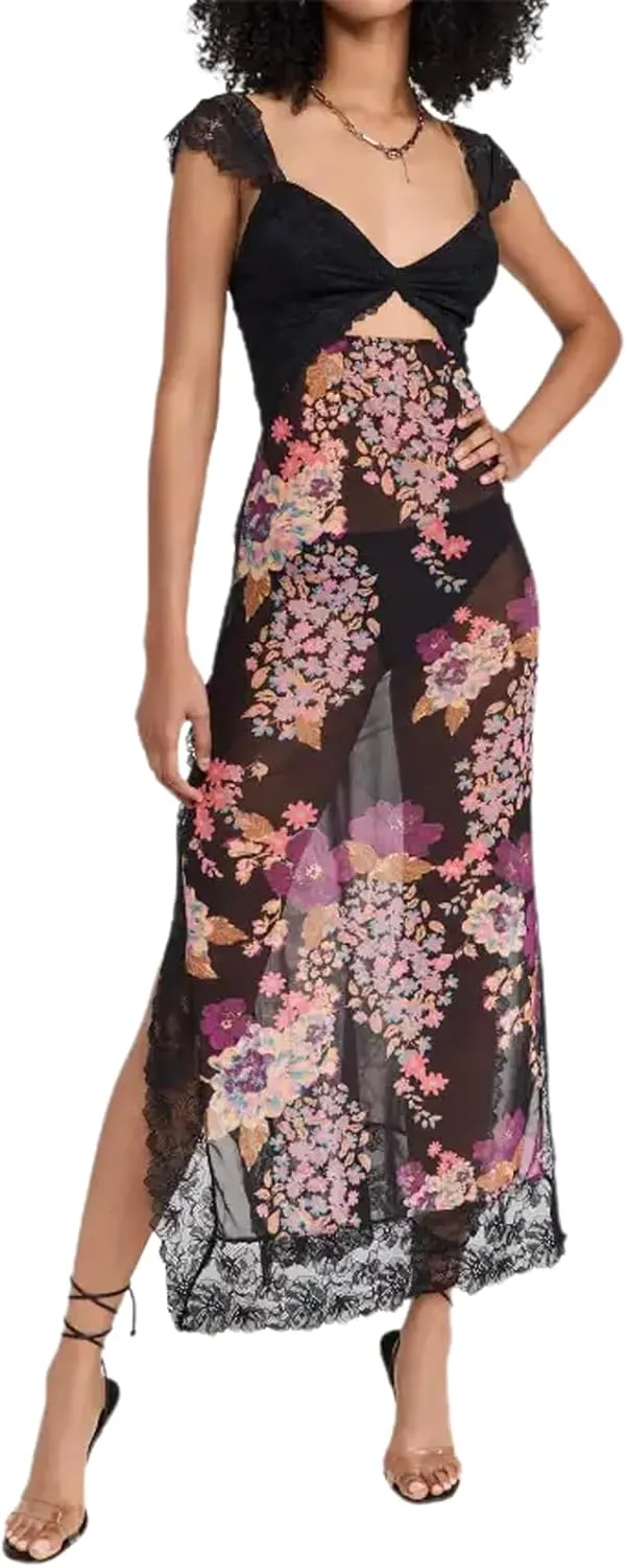 Women Sleeveless Maxi Dress Backless Bodycon Floral Printed Spaghetti Strap Long Dress Summer Lace Cutout Dress