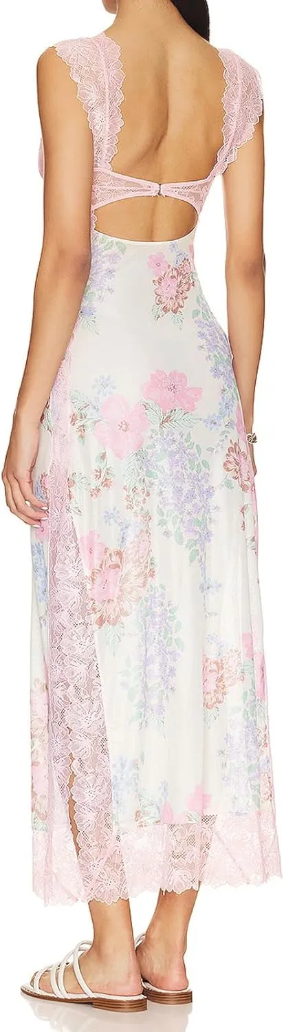 Women Sleeveless Maxi Dress Backless Bodycon Floral Printed Spaghetti Strap Long Dress Summer Lace Cutout Dress