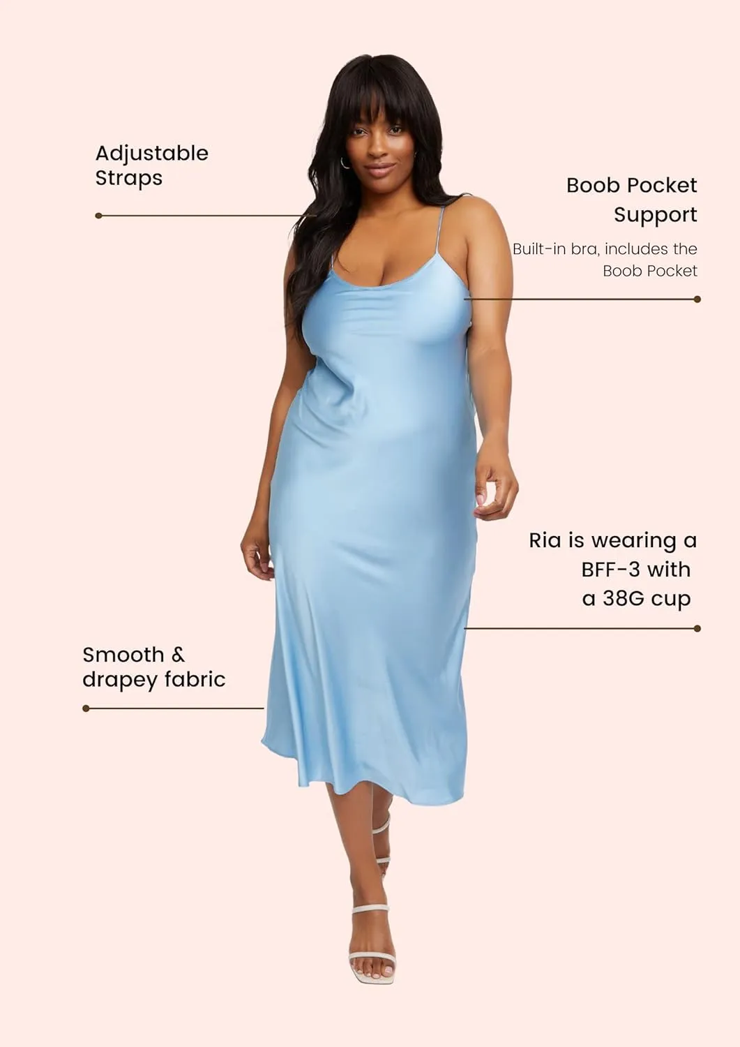 Women's Built-in Bra Midi Slip Dress with Adjustable Straps (S-2XL)