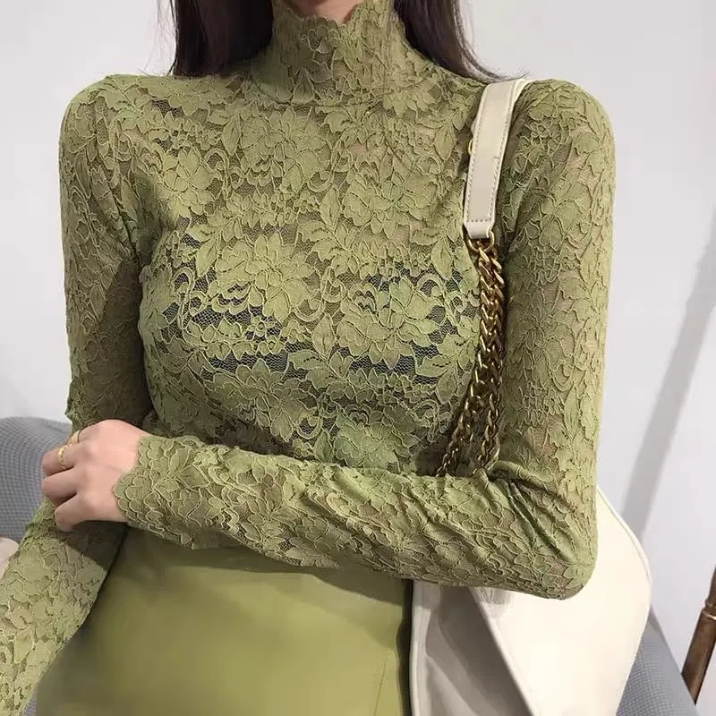Women's Floral Lace Top Long Sleeve Mock See Through Mesh Underwear Blouse Shirt S-L