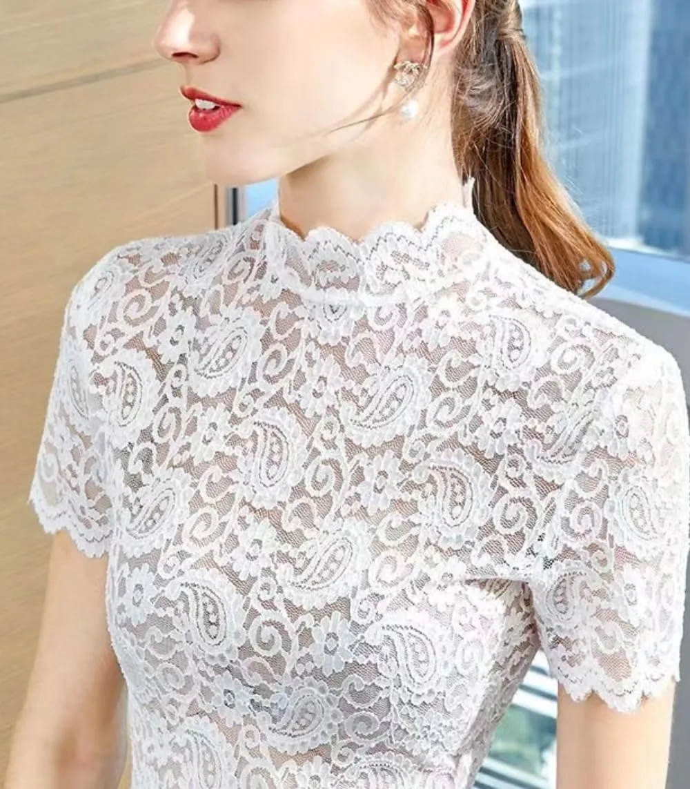 Women's Floral Lace Top Long Sleeve Mock See Through Mesh Underwear Blouse Shirt S-L