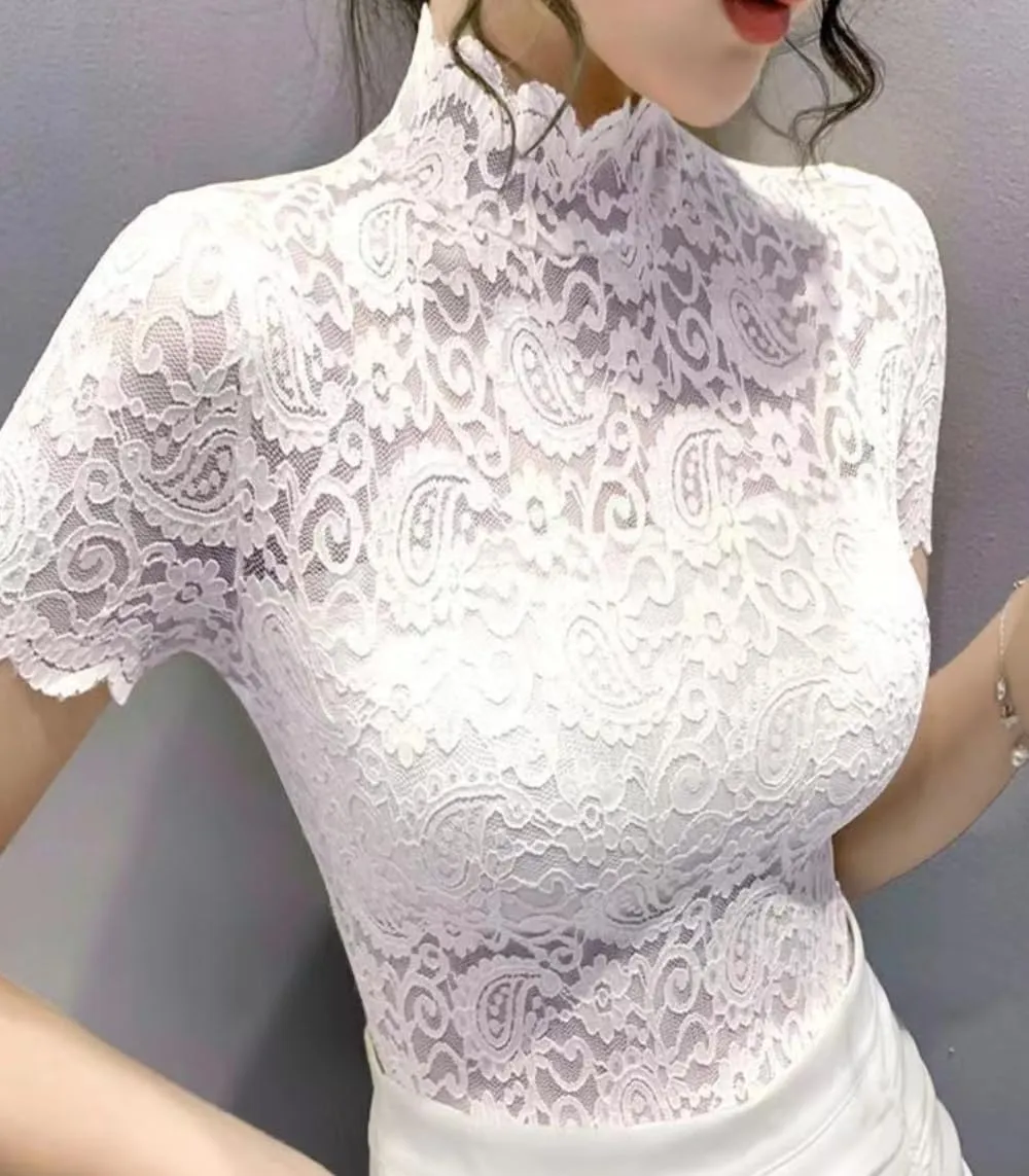 Women's Floral Lace Top Long Sleeve Mock See Through Mesh Underwear Blouse Shirt S-L