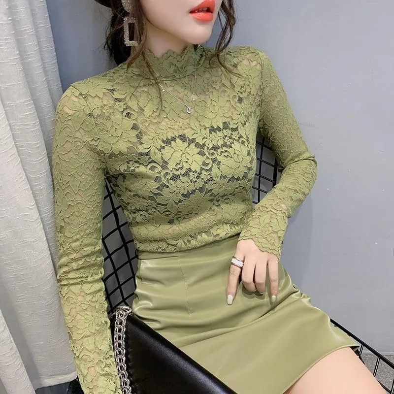 Women's Floral Lace Top Long Sleeve Mock See Through Mesh Underwear Blouse Shirt S-L