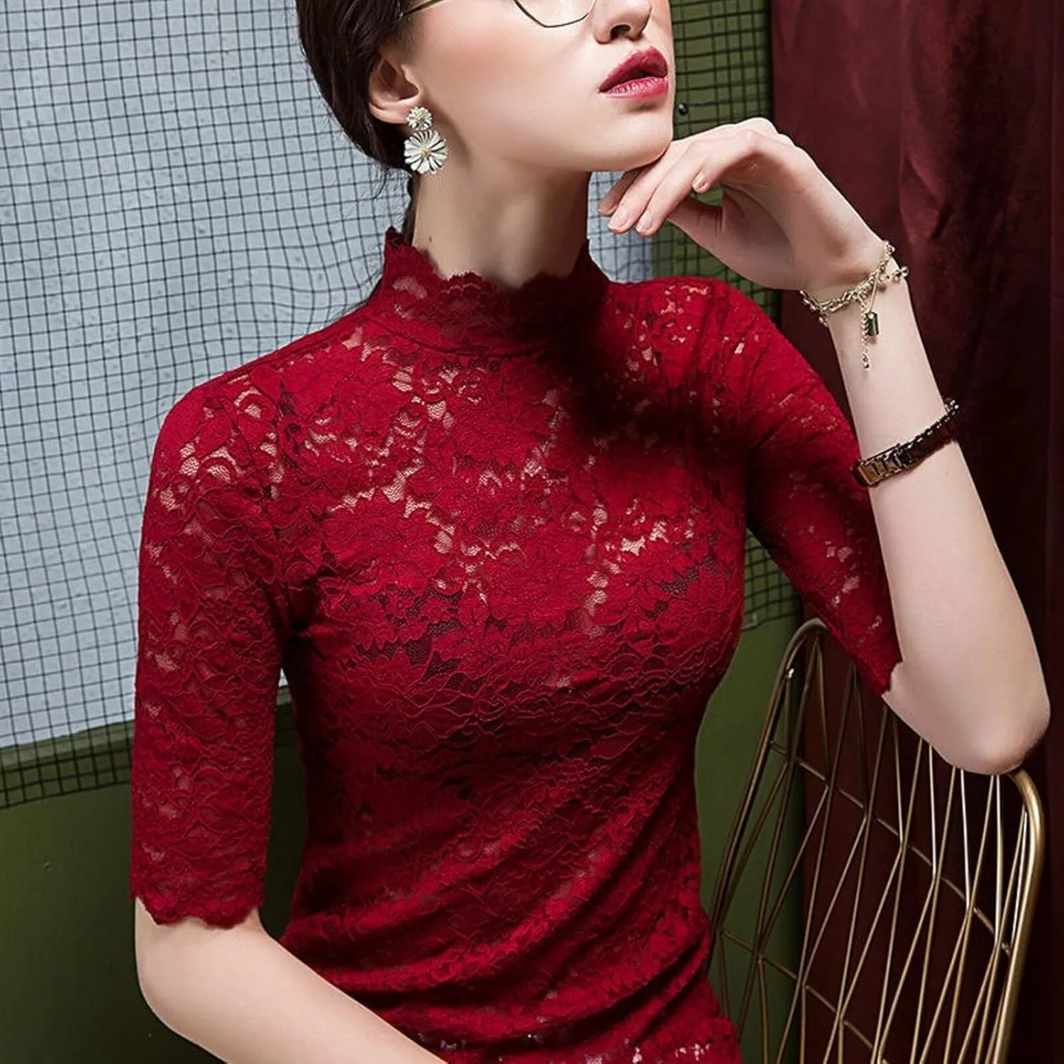 Women's Floral Lace Top Long Sleeve Mock See Through Mesh Underwear Blouse Shirt S-L