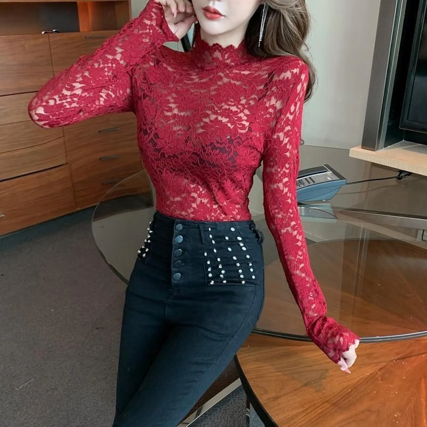 Women's Floral Lace Top Long Sleeve Mock See Through Mesh Underwear Blouse Shirt S-L
