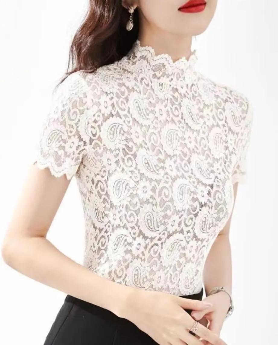 Women's Floral Lace Top Long Sleeve Mock See Through Mesh Underwear Blouse Shirt S-L