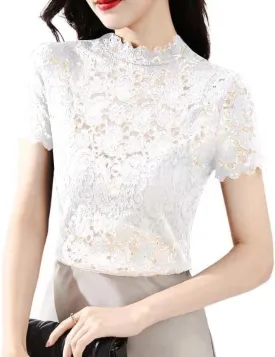 Women's Floral Lace Top Long Sleeve Mock See Through Mesh Underwear Blouse Shirt S-L