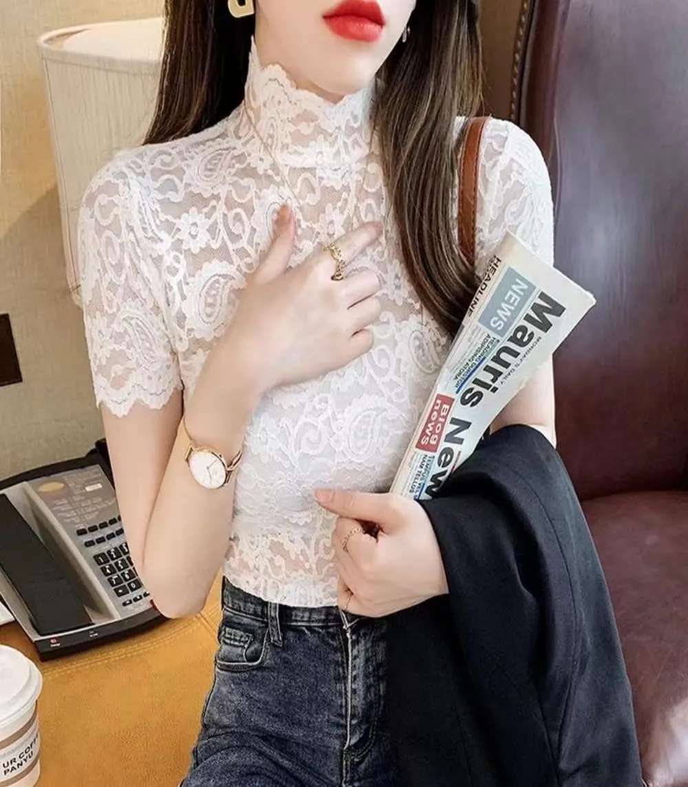 Women's Floral Lace Top Long Sleeve Mock See Through Mesh Underwear Blouse Shirt S-L