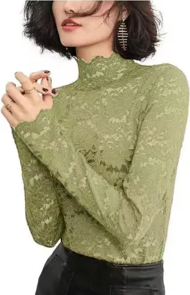 Women's Floral Lace Top Long Sleeve Mock See Through Mesh Underwear Blouse Shirt S-L