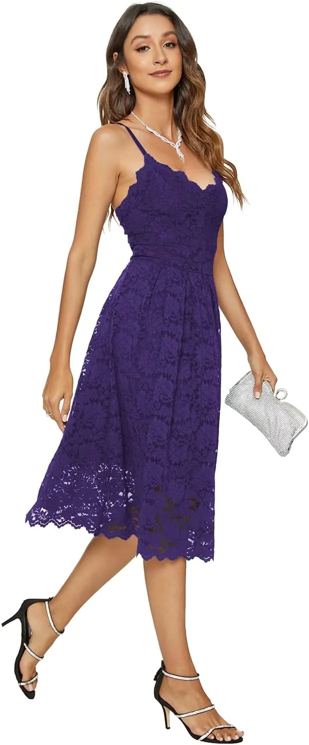 Womens Lace Floral Overlay V Neck Sexy Sleeveless Cocktail Party Swing Wedding Dresses
