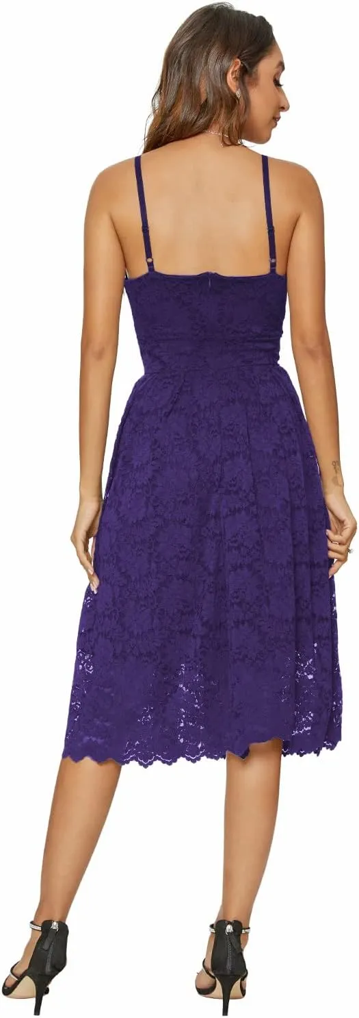 Womens Lace Floral Overlay V Neck Sexy Sleeveless Cocktail Party Swing Wedding Dresses