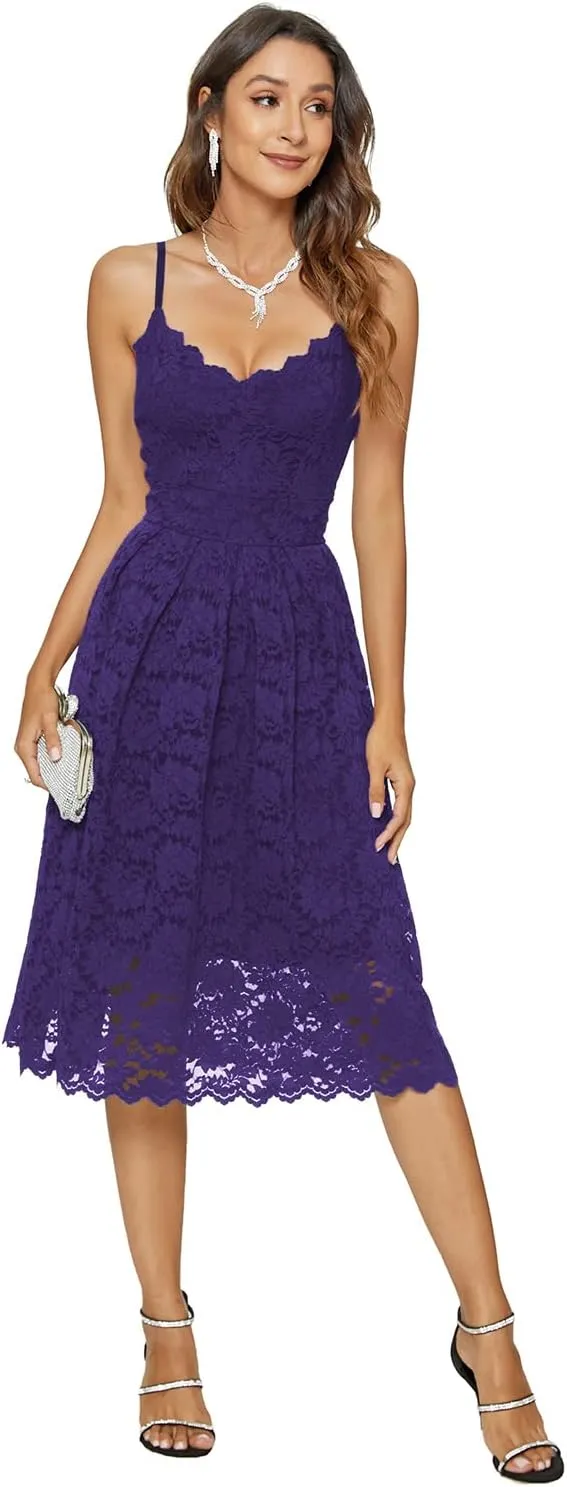 Womens Lace Floral Overlay V Neck Sexy Sleeveless Cocktail Party Swing Wedding Dresses