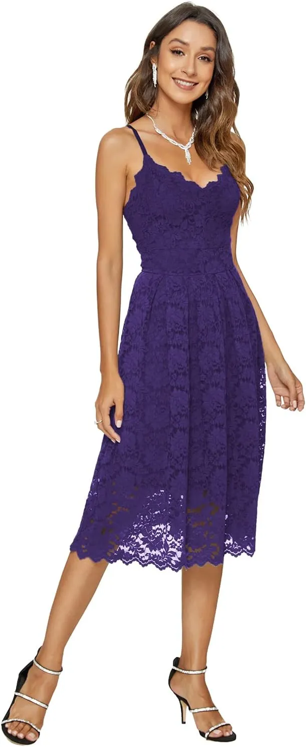 Womens Lace Floral Overlay V Neck Sexy Sleeveless Cocktail Party Swing Wedding Dresses