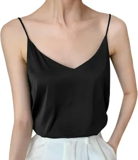 Womens Silk Satin Camisole Top Sexy V Neck Blouse Tank Shirt Ladies Spaghetti Strap Vest Cami Summer Casual Tanks