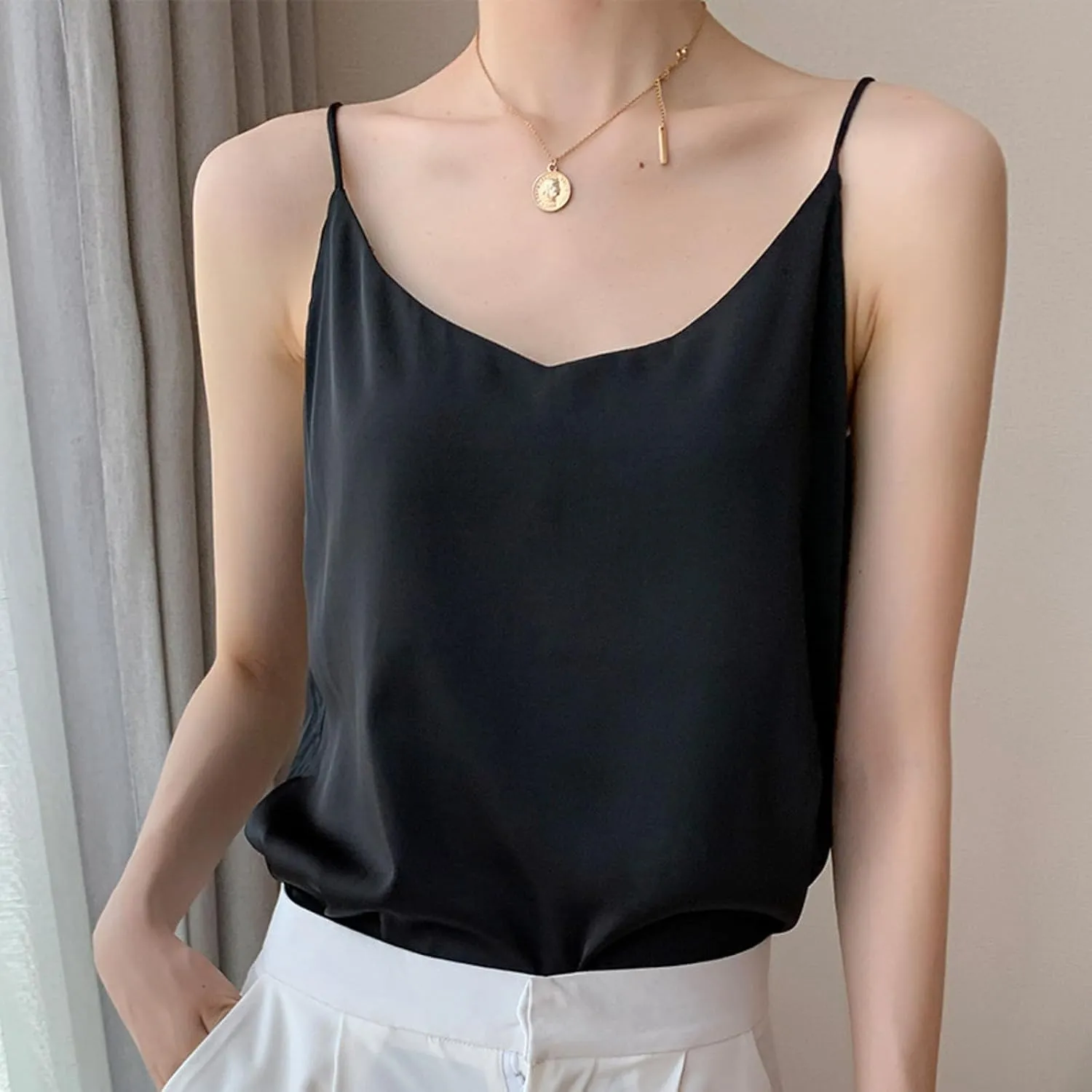 Womens Silk Satin Camisole Top Sexy V Neck Blouse Tank Shirt Ladies Spaghetti Strap Vest Cami Summer Casual Tanks