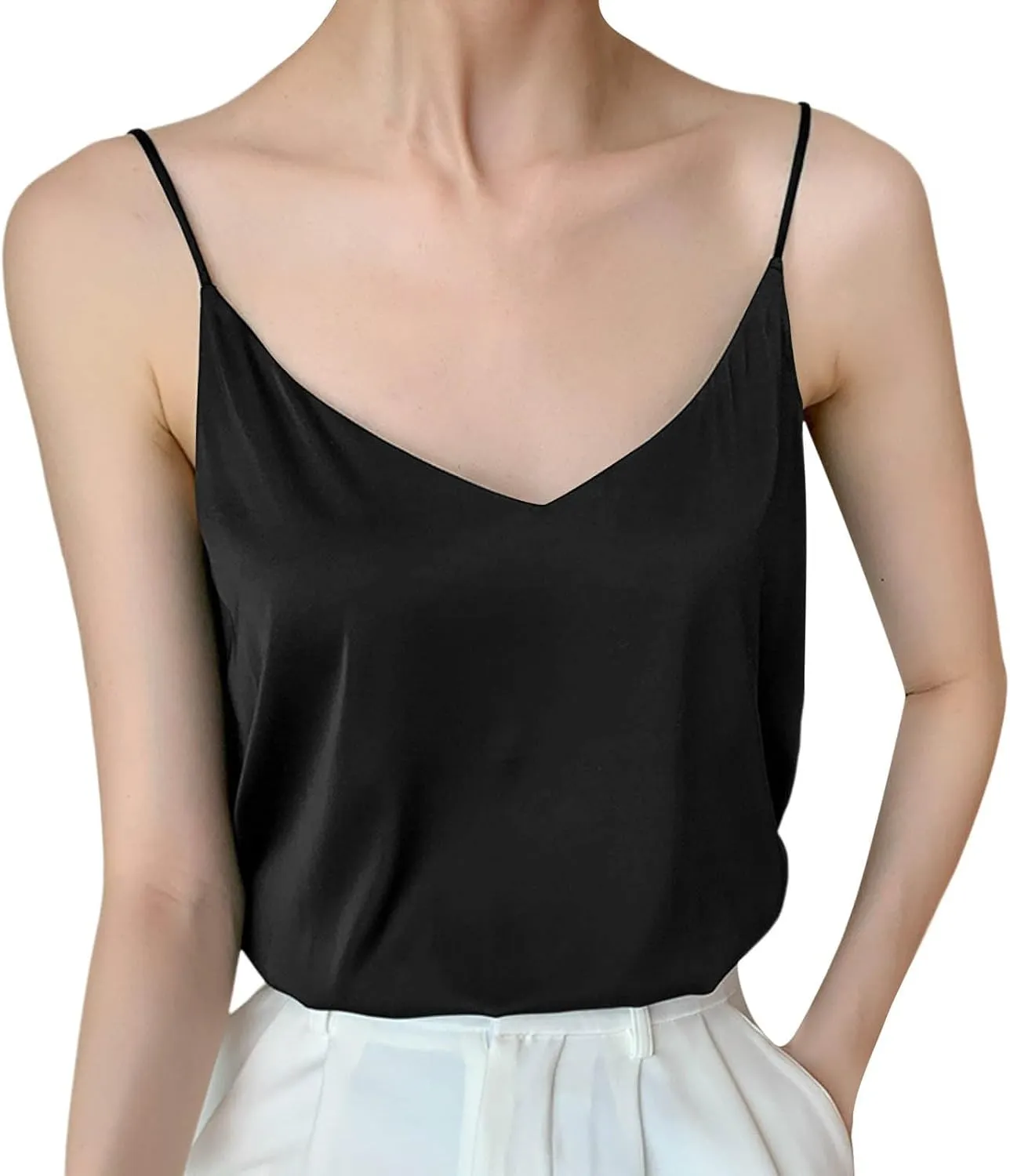 Womens Silk Satin Camisole Top Sexy V Neck Blouse Tank Shirt Ladies Spaghetti Strap Vest Cami Summer Casual Tanks