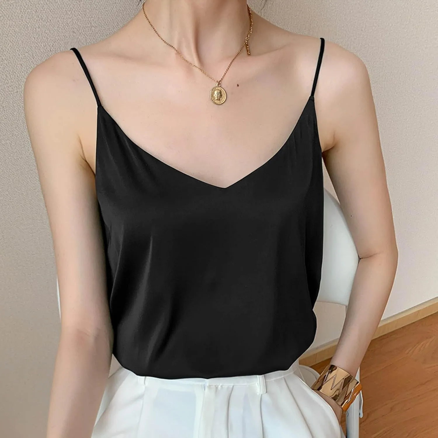 Womens Silk Satin Camisole Top Sexy V Neck Blouse Tank Shirt Ladies Spaghetti Strap Vest Cami Summer Casual Tanks
