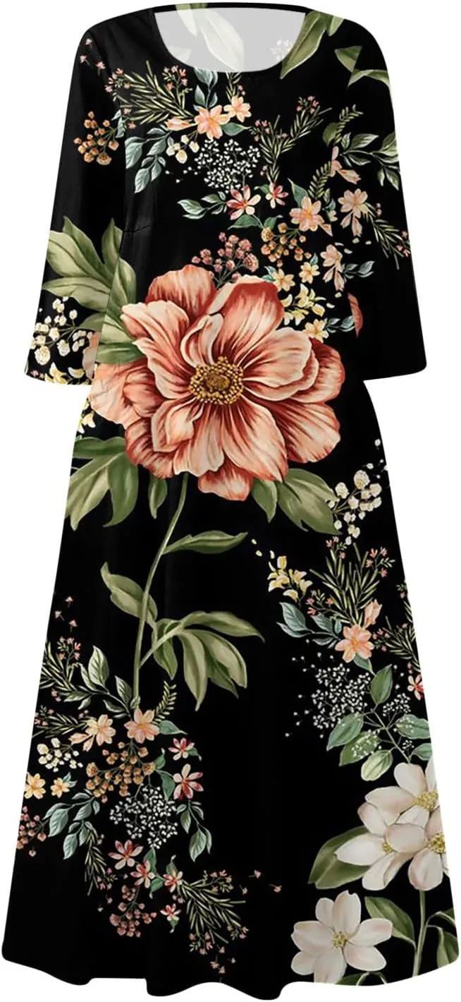Womens Spring Boho Maxi Casual Cotton Dresses Crewneck Long Sleeve Dress Beach Smocked Ruffle Flowy Long Dresses