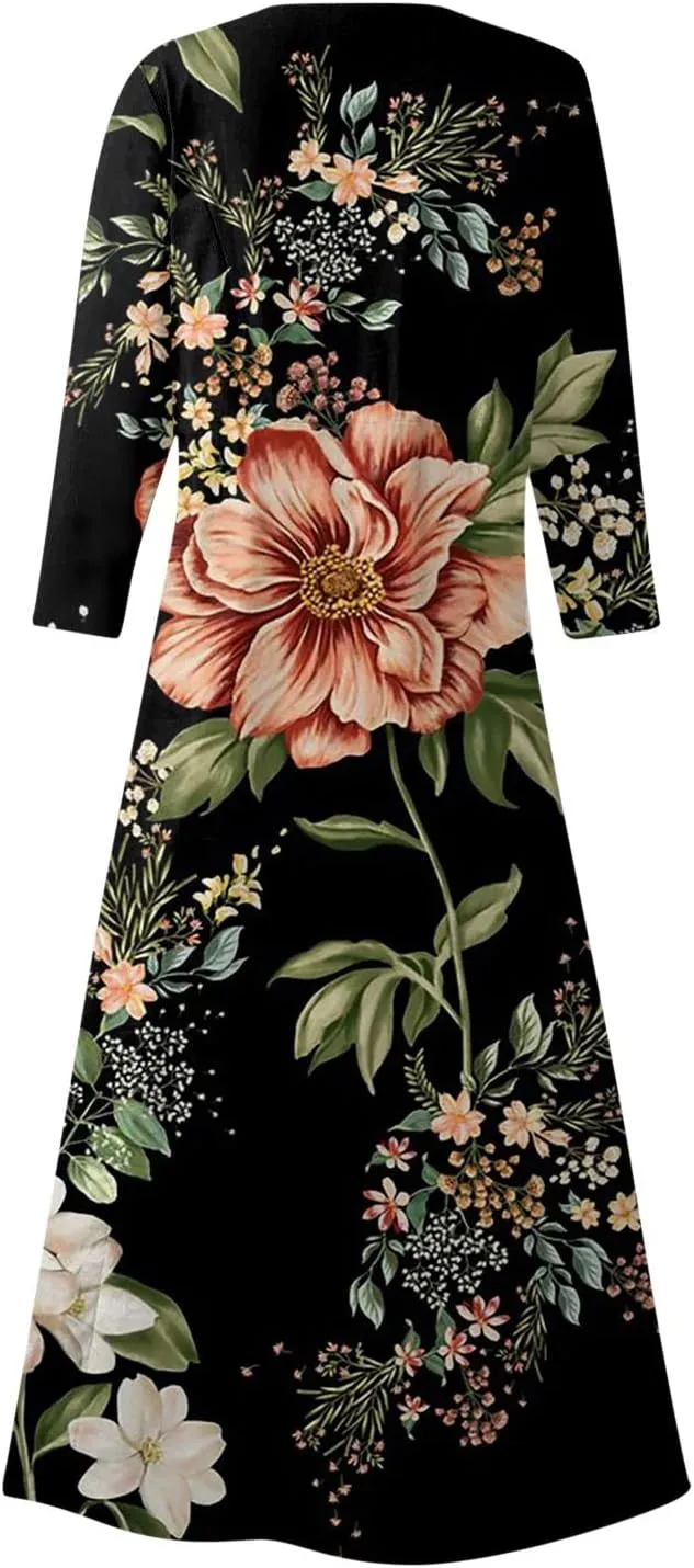 Womens Spring Boho Maxi Casual Cotton Dresses Crewneck Long Sleeve Dress Beach Smocked Ruffle Flowy Long Dresses