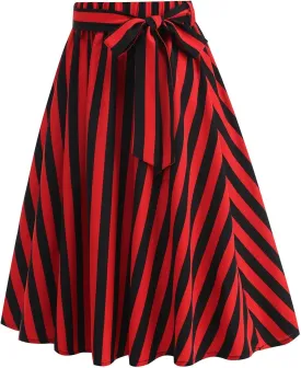 Women's Striped A-Line Midi Skirts High Waist Belted Vintage Style Skater Skirt Retro Summer Casual Swing Skirt