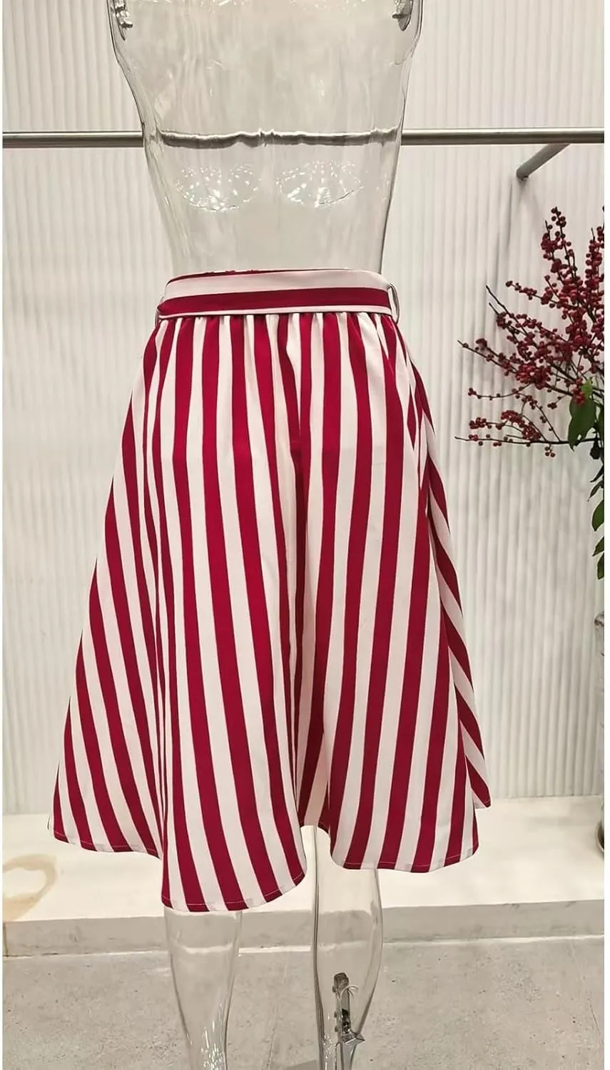 Women's Striped A-Line Midi Skirts High Waist Belted Vintage Style Skater Skirt Retro Summer Casual Swing Skirt