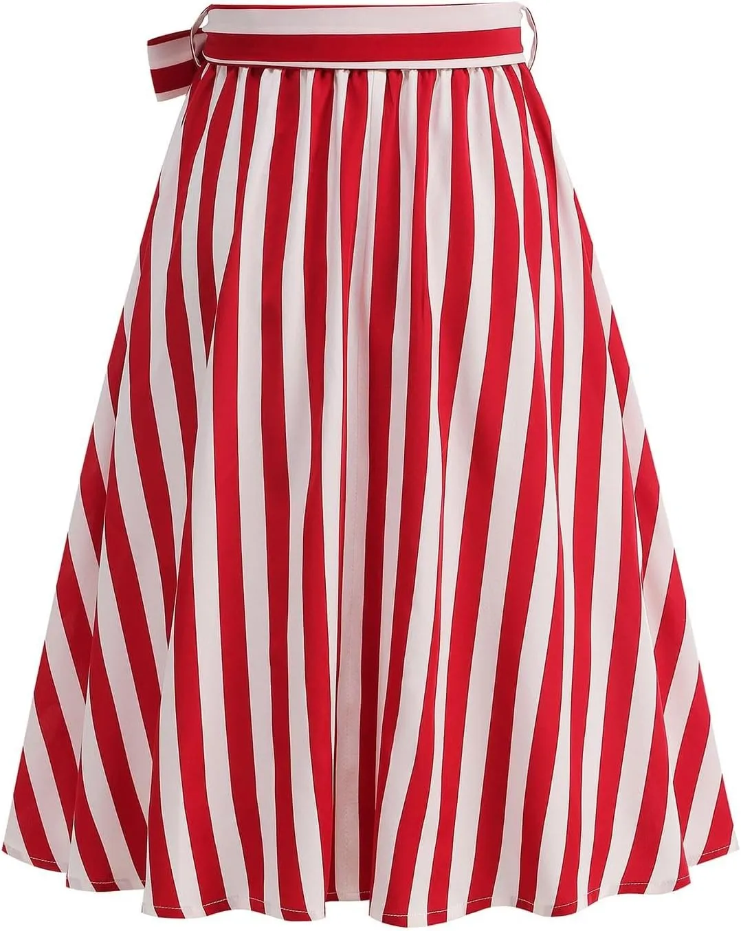 Women's Striped A-Line Midi Skirts High Waist Belted Vintage Style Skater Skirt Retro Summer Casual Swing Skirt