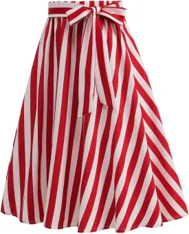 Women's Striped A-Line Midi Skirts High Waist Belted Vintage Style Skater Skirt Retro Summer Casual Swing Skirt