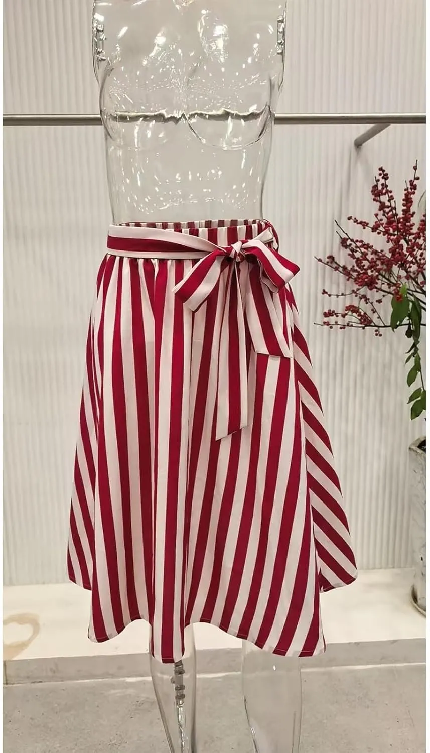 Women's Striped A-Line Midi Skirts High Waist Belted Vintage Style Skater Skirt Retro Summer Casual Swing Skirt
