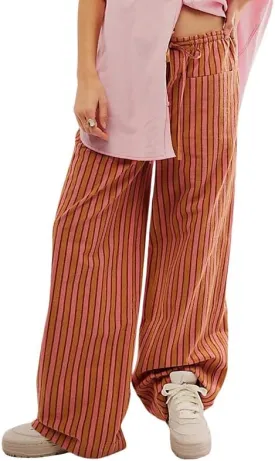 Y2k Striped Pants for Women Elastic Drawstring High Waist Wide Leg Pants Vintage Streetwear Lounge Trousers