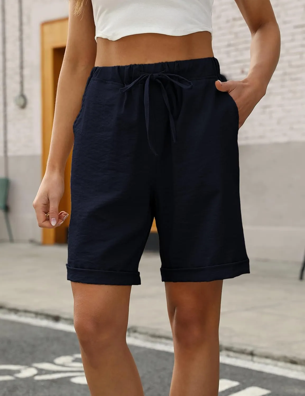 Yeokou Womens Casual Loose Elastic Drawstring Summer Beach Bermuda Pocketed Shorts