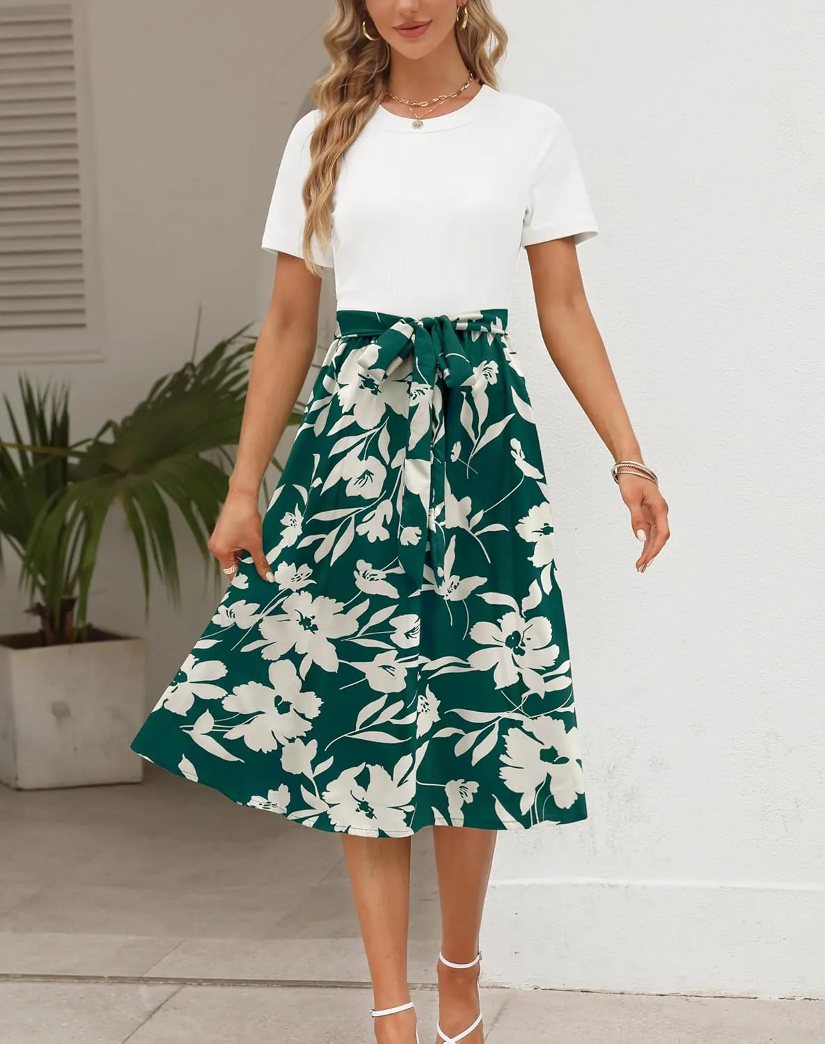 Zattcas Women 2025 Summer Dress Short Sleeve Ribbed Teacher Church Modest Business Casual Work Outfits Midi Dress