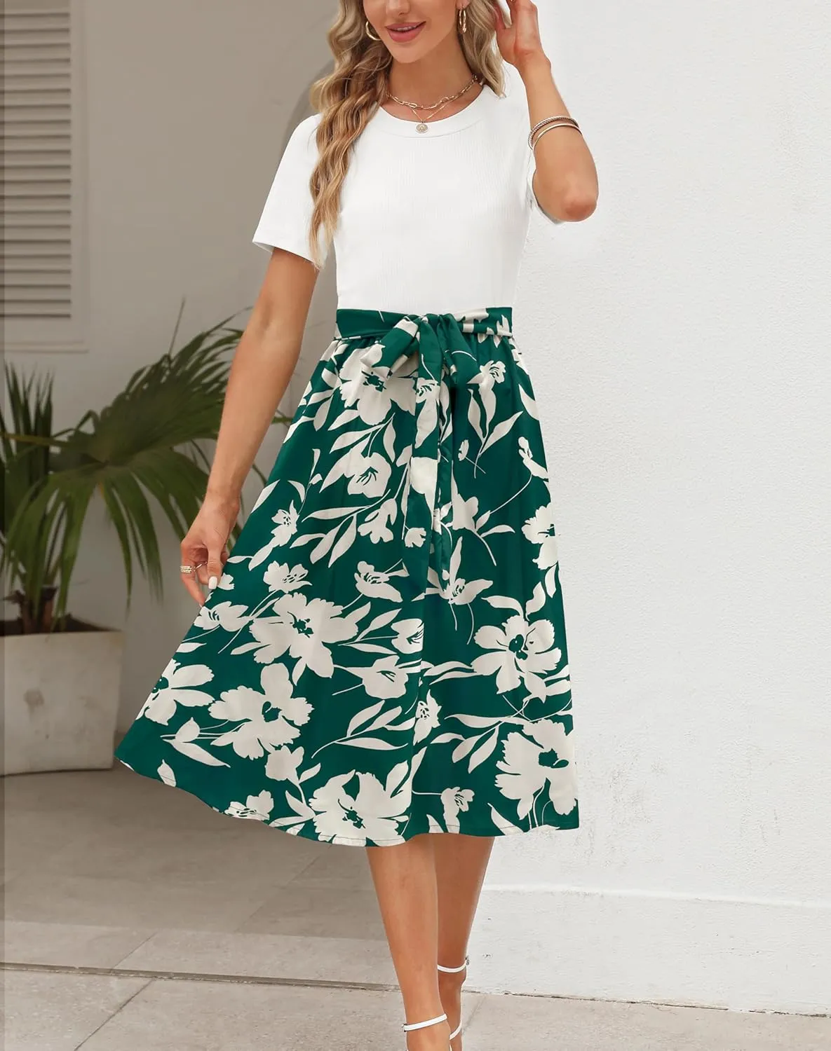 Zattcas Women 2025 Summer Dress Short Sleeve Ribbed Teacher Church Modest Business Casual Work Outfits Midi Dress