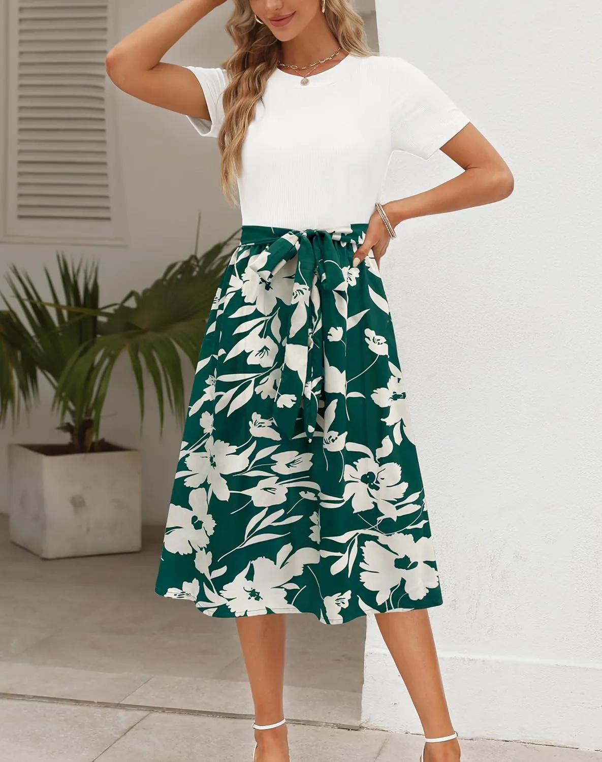 Zattcas Women 2025 Summer Dress Short Sleeve Ribbed Teacher Church Modest Business Casual Work Outfits Midi Dress