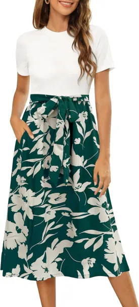 Zattcas Women 2025 Summer Dress Short Sleeve Ribbed Teacher Church Modest Business Casual Work Outfits Midi Dress